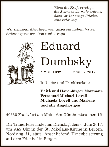 Traueranzeige von Eduard Dumbsky von Offenbach
