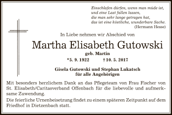 Traueranzeige von Martha Elisabeth Gutowski von Offenbach