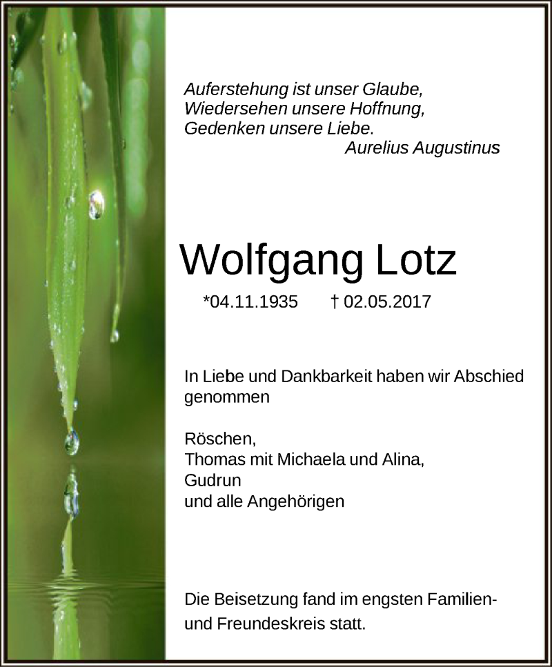  Traueranzeige für Wolfgang Lotz vom 20.05.2017 aus Offenbach
