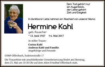 Traueranzeige von Hermine Kahl von Offenbach