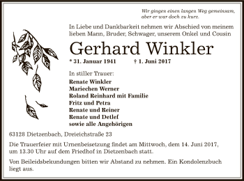 Traueranzeige von Gerhard Winkler von Offenbach