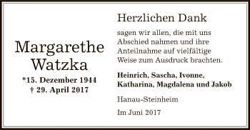 Traueranzeige von Margarethe Watzka von Offenbach