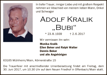 Traueranzeige von Adolf Kralik von Offenbach