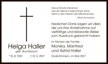 Traueranzeige von Helga Haller von Offenbach