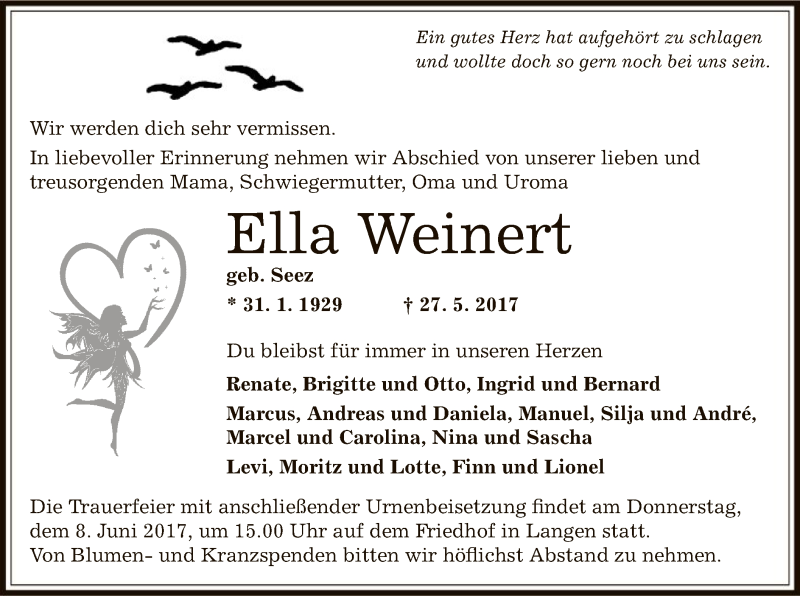  Traueranzeige für Ella Weinert vom 06.06.2017 aus Offenbach