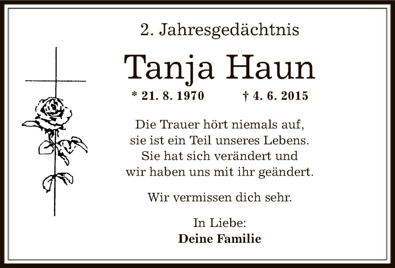  Traueranzeige für Tanja Haun vom 07.06.2017 aus Offenbach