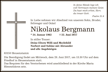 Traueranzeige von Nikolaus Bergmann von Offenbach