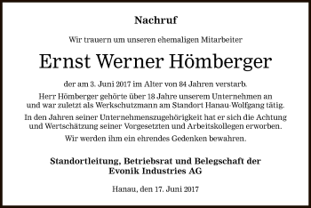 Traueranzeige von Ernst Werner Hömberger von Offenbach