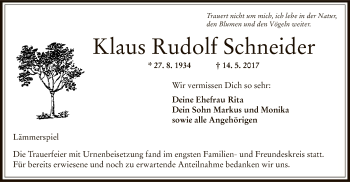 Traueranzeige von Klaus Rudolf Schneider von Offenbach