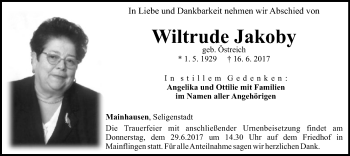 Traueranzeige von Wiltrude Jakoby von Offenbach