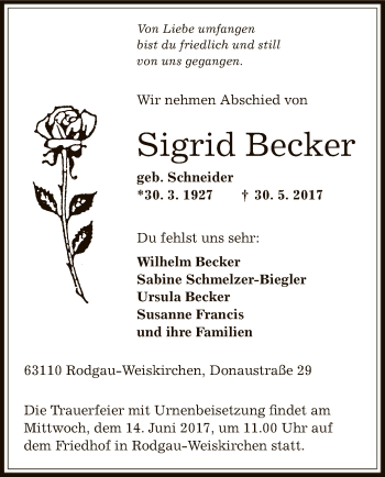 Traueranzeige von Sigrid Becker von Offenbach