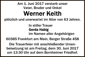 Traueranzeige von Werner Keith von Offenbach