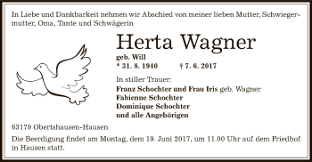 Traueranzeige von Herta Wagner von Offenbach