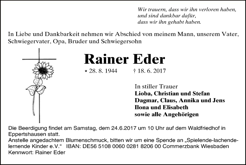  Traueranzeige für Rainer Eder vom 21.06.2017 aus Offenbach