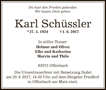 Traueranzeige von Karl Schüssler von Offenbach