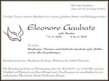 Traueranzeige von Eleonore Gaubatz von Offenbach