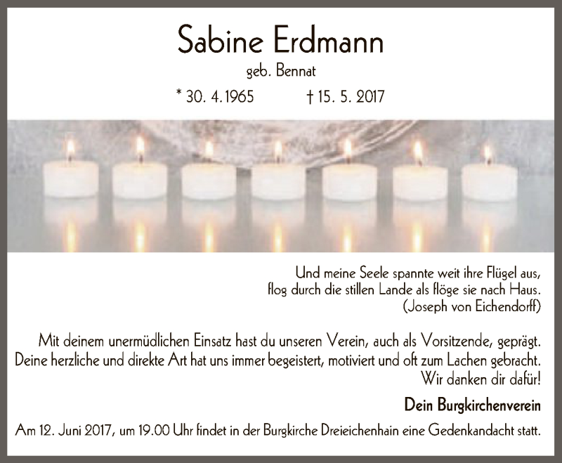  Traueranzeige für Sabine Erdmann vom 08.06.2017 aus Offenbach