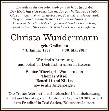 Traueranzeige von Christa Wundermann von Offenbach