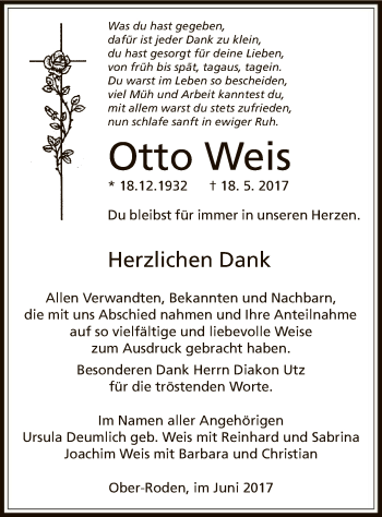 Traueranzeige von Otto Weis von Offenbach