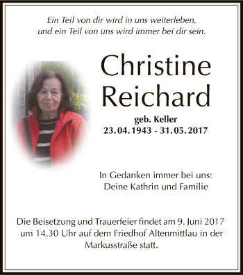 Traueranzeige von Christine Reichard von Offenbach