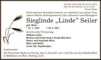 Traueranzeige von Sieglinde Linde Seiler von Offenbach