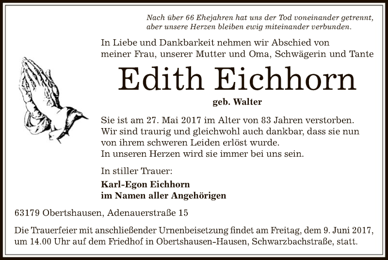  Traueranzeige für Edith Eichhorn vom 01.06.2017 aus Offenbach