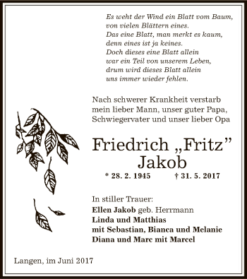 Traueranzeige von Friedrich Jakob von Offenbach