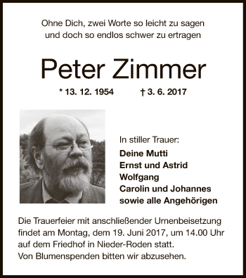 Traueranzeige von Peter Zimmer von Offenbach