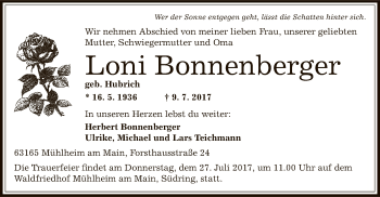 Traueranzeige von Loni Bonnenberger von Offenbach