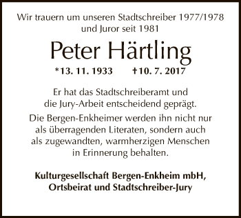 Traueranzeige von Peter Härtling von Offenbach