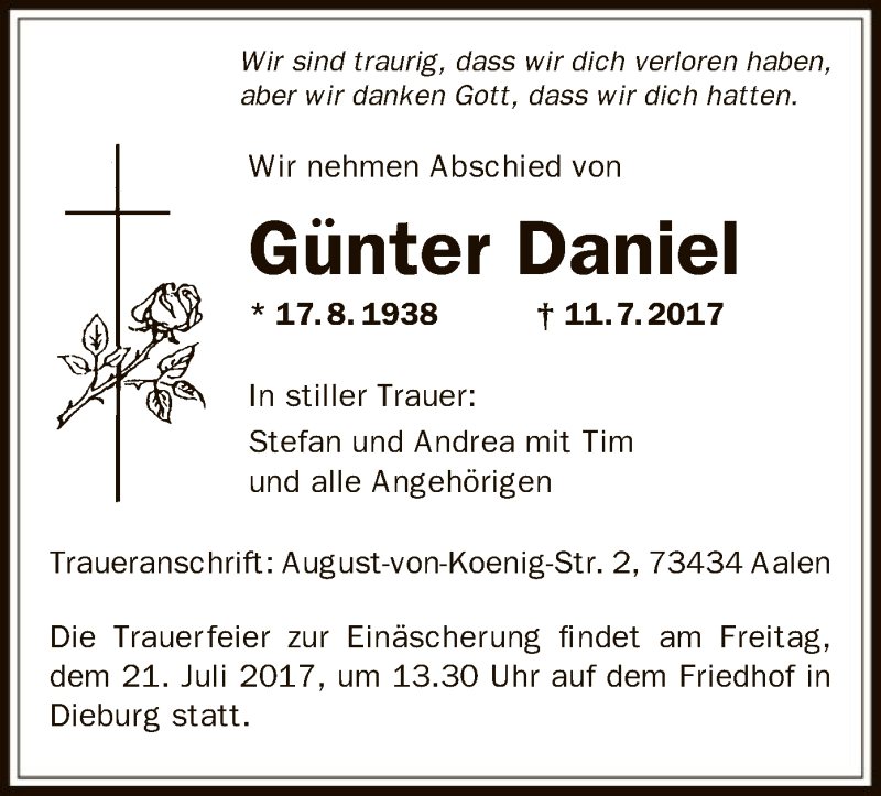  Traueranzeige für Günter Daniel vom 15.07.2017 aus Offenbach