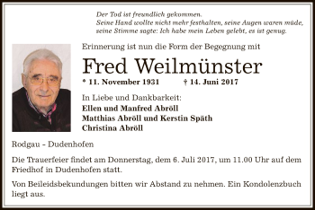 Traueranzeige von Fred Weilmünster von Offenbach