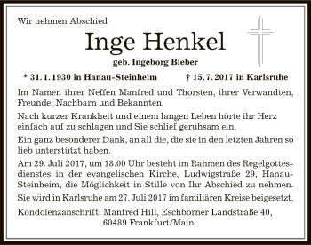 Traueranzeige von Inge Henkel von Offenbach