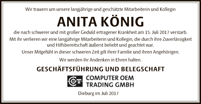  Traueranzeige für Anita König vom 26.07.2017 aus Offenbach