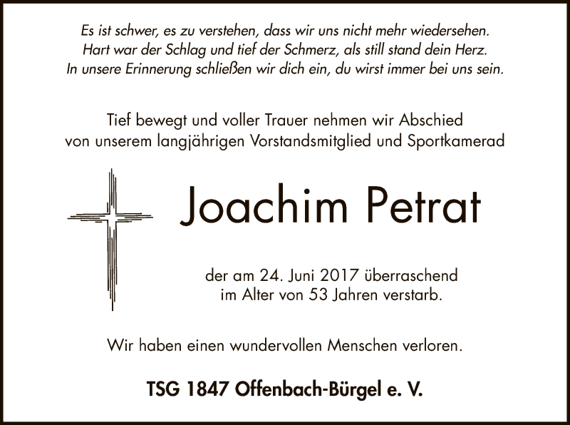  Traueranzeige für Joachim Petrat vom 01.07.2017 aus Offenbach