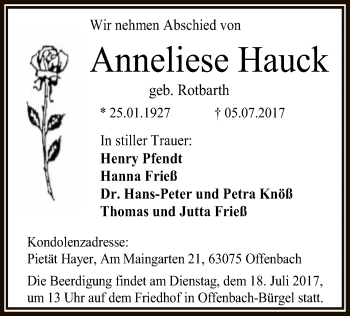 Traueranzeige von Anneliese Hauck von Offenbach