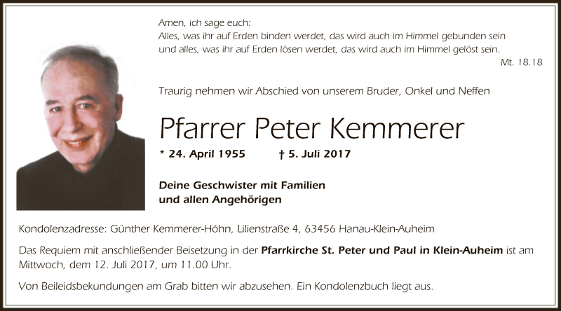  Traueranzeige für Peter Kemmerer vom 08.07.2017 aus Offenbach