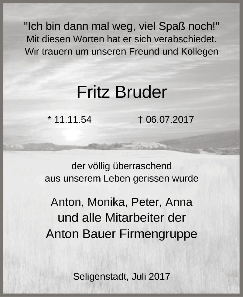  Traueranzeige für Fritz Bruder vom 15.07.2017 aus Offenbach