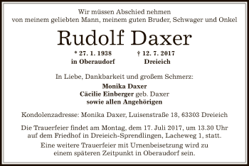 Traueranzeige von Rudolf Daxer von Offenbach