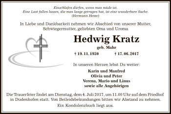 Traueranzeige von Hedwig Kratz von Offenbach