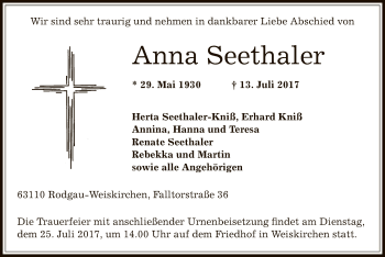 Traueranzeige von Anna Seethaler von Offenbach