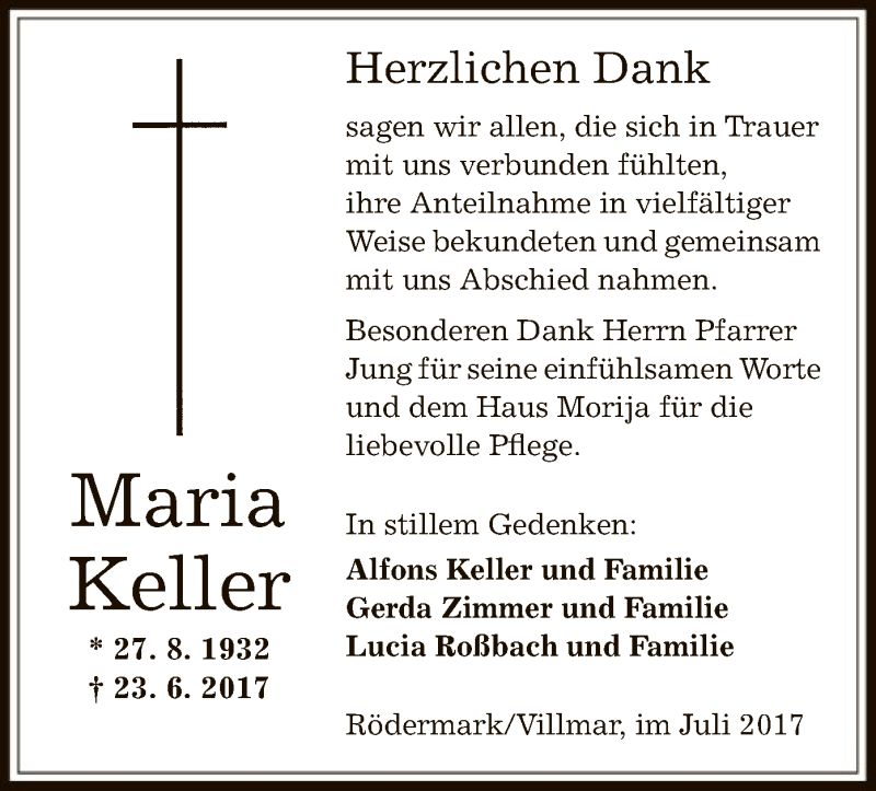 Traueranzeigen Von Maria Keller | Trauer.op-online.de