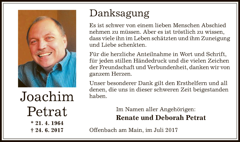  Traueranzeige für Joachim Petrat vom 27.07.2017 aus Offenbach