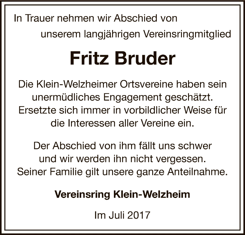  Traueranzeige für Fritz Bruder vom 19.07.2017 aus Offenbach