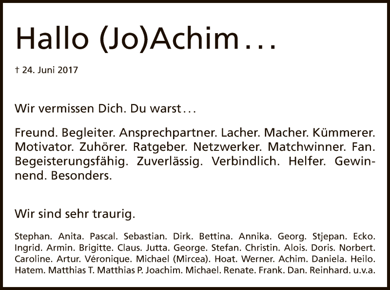  Traueranzeige für Joachim Petrat vom 05.07.2017 aus Offenbach