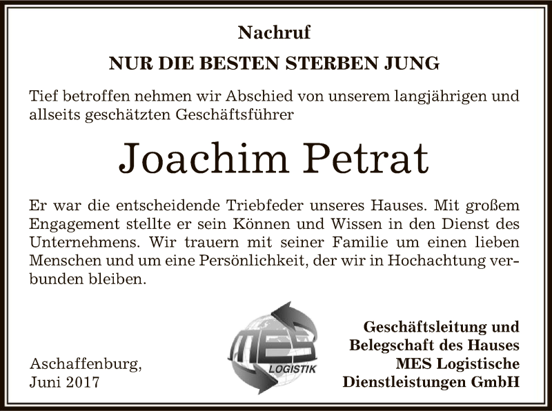  Traueranzeige für Joachim Petrat vom 01.07.2017 aus Offenbach