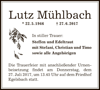 Traueranzeige von Lutz Mühlbach von Offenbach