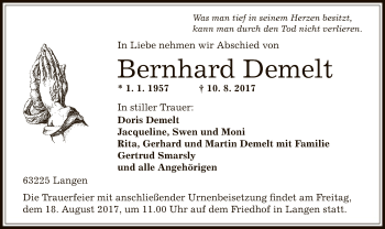 Traueranzeige von Bernhard Demelt von Offenbach