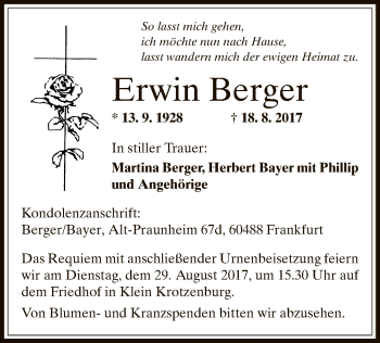 Traueranzeige von Erwin Berger von Offenbach