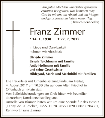 Traueranzeige von Franz Zimmer von Offenbach